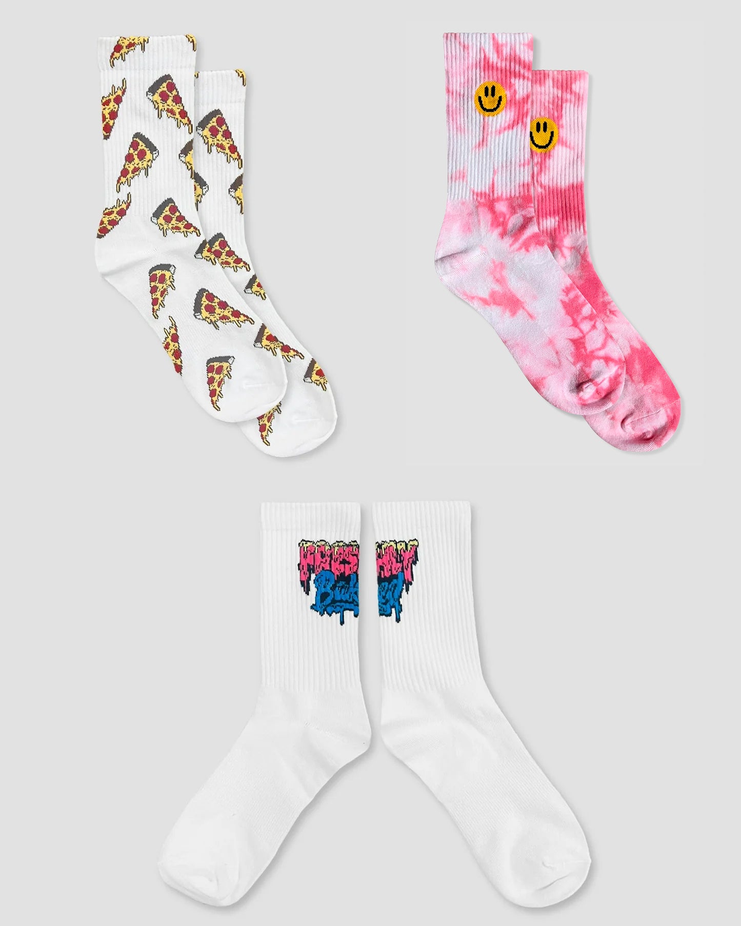 3 Pair Multi Pack Crew Socks - Tie Dye, Pizza, Logo