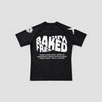 A black short-sleeve raglan t-shirt with bold white text on the front reading 'FRESHLY BAKED', displayed flat against a light gray background.