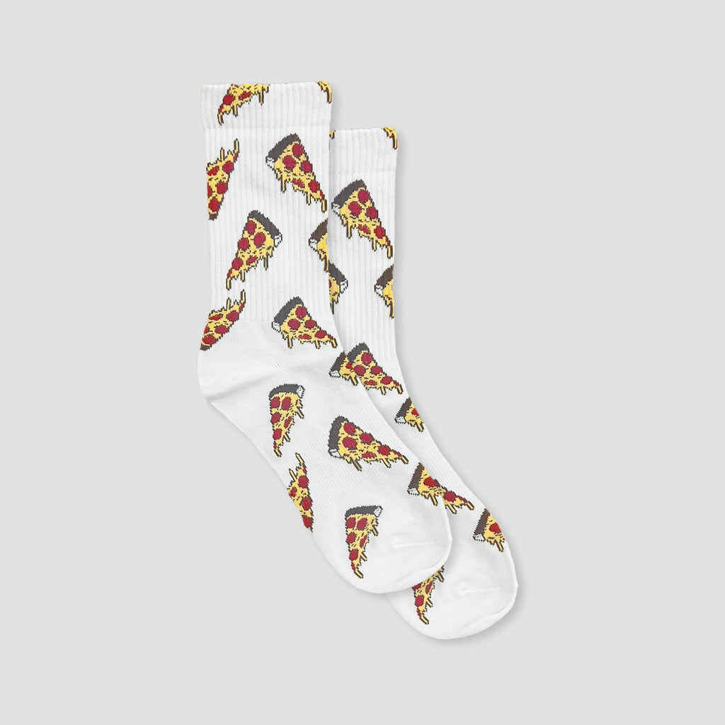 A pair of white crew socks with an all-over repeating pattern of pizza slices, shown against a solid light gray background.