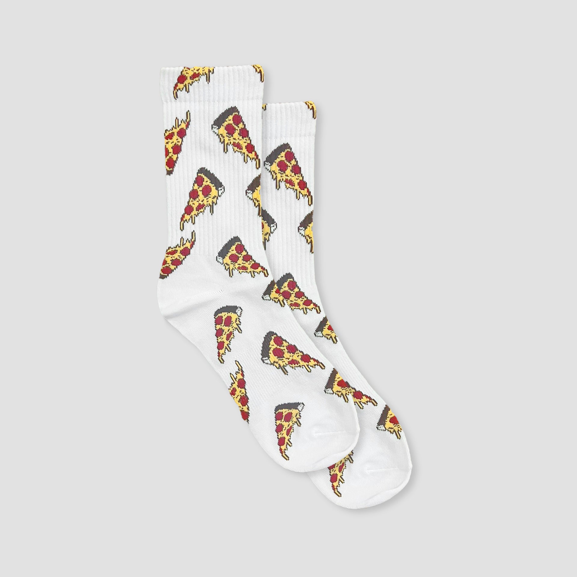 A pair of white crew socks with an all-over repeating pattern of pizza slices, shown against a solid light gray background.