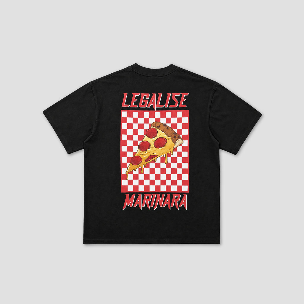 A black short-sleeve t-shirt with a graphic on the back featuring a slice of pepperoni pizza on a red and white checkered square, with the words 'LEGALISE' above and 'MARINARA' below in red stylized text, shown on a light gray background.