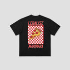 A black short-sleeve t-shirt with a graphic on the back featuring a slice of pepperoni pizza on a red and white checkered square, with the words 'LEGALISE' above and 'MARINARA' below in red stylized text, shown on a light gray background.