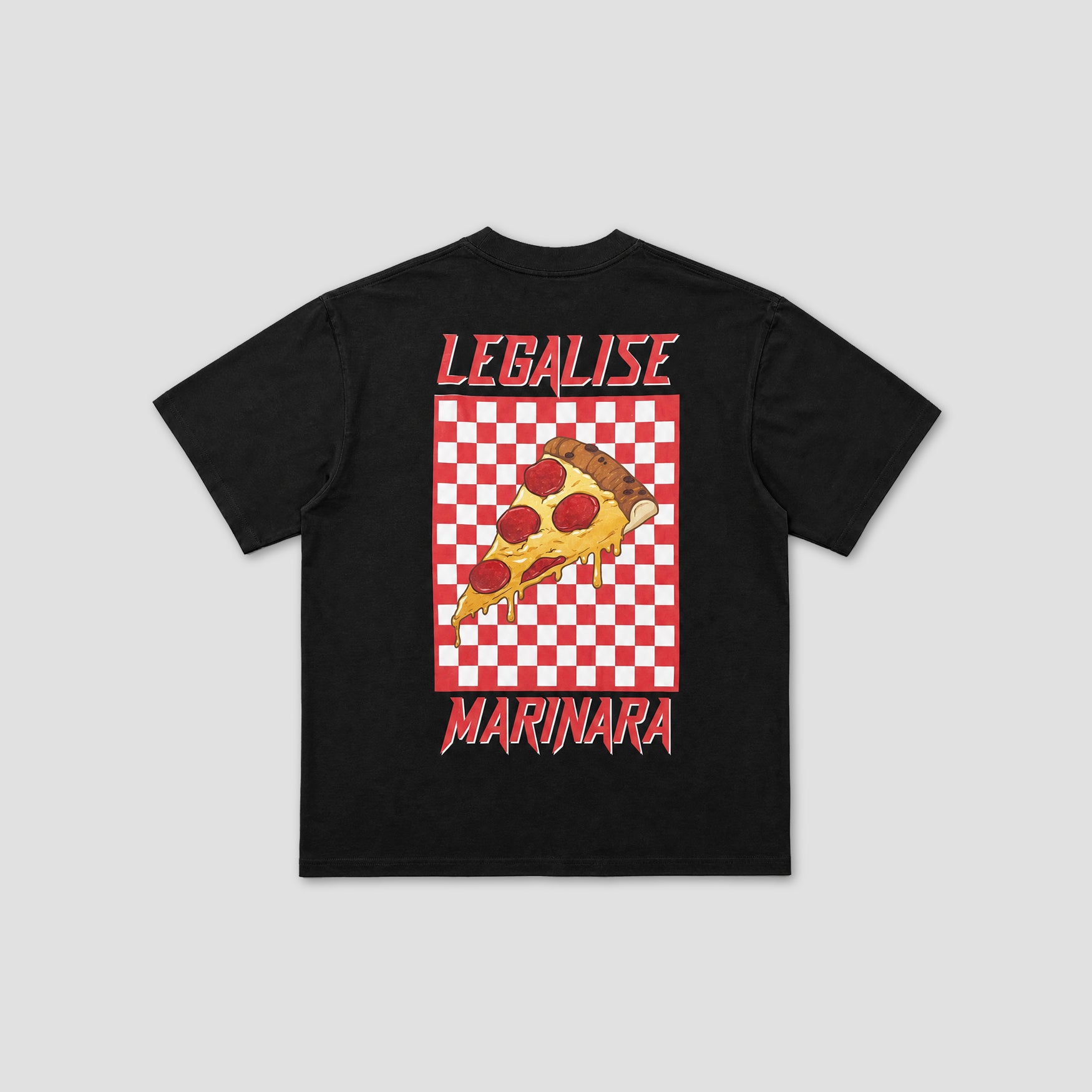 A black short-sleeve t-shirt with a graphic on the back featuring a slice of pepperoni pizza on a red and white checkered square, with the words 'LEGALISE' above and 'MARINARA' below in red stylized text, shown on a light gray background.