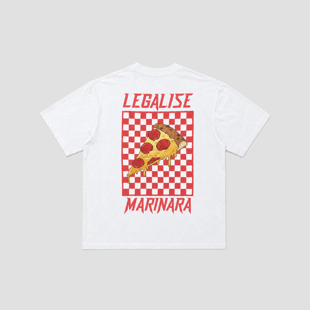 A white short-sleeve t-shirt with a graphic on the back featuring a slice of pepperoni pizza on a red and white checkered square, with the text 'LEGALISE' above and 'MARINARA' below in red.