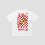 A white short-sleeve t-shirt with a graphic on the back featuring a slice of pepperoni pizza on a red and white checkered square, with the text 'LEGALISE' above and 'MARINARA' below in red.