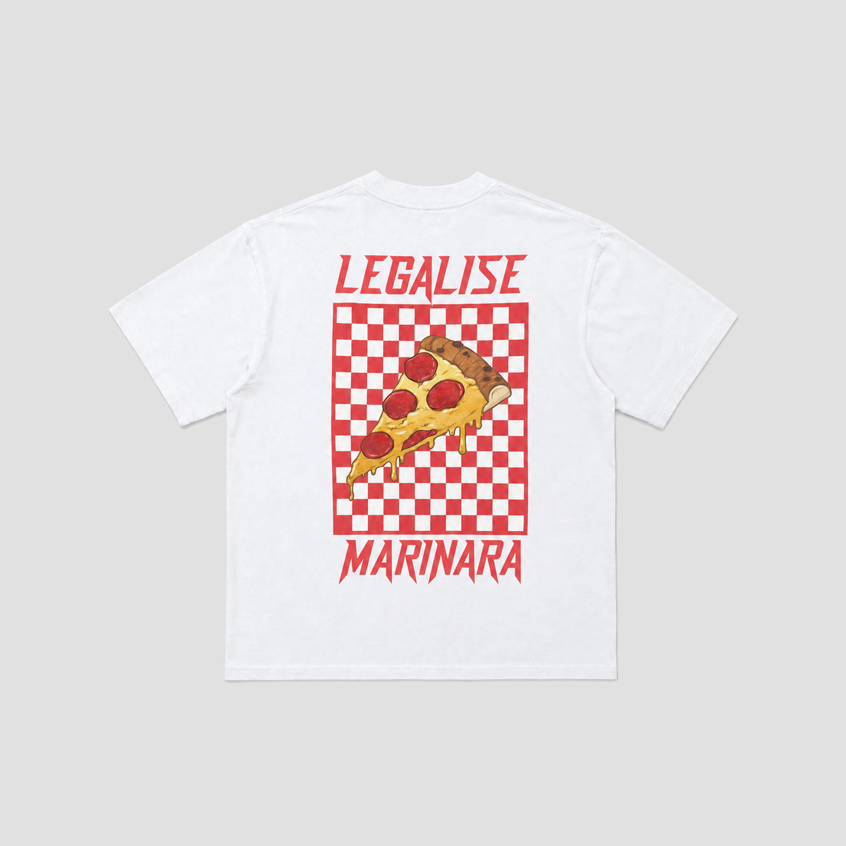 A white short-sleeve t-shirt with a graphic on the back featuring a slice of pepperoni pizza on a red and white checkered square, with the text 'LEGALISE' above and 'MARINARA' below in red.
