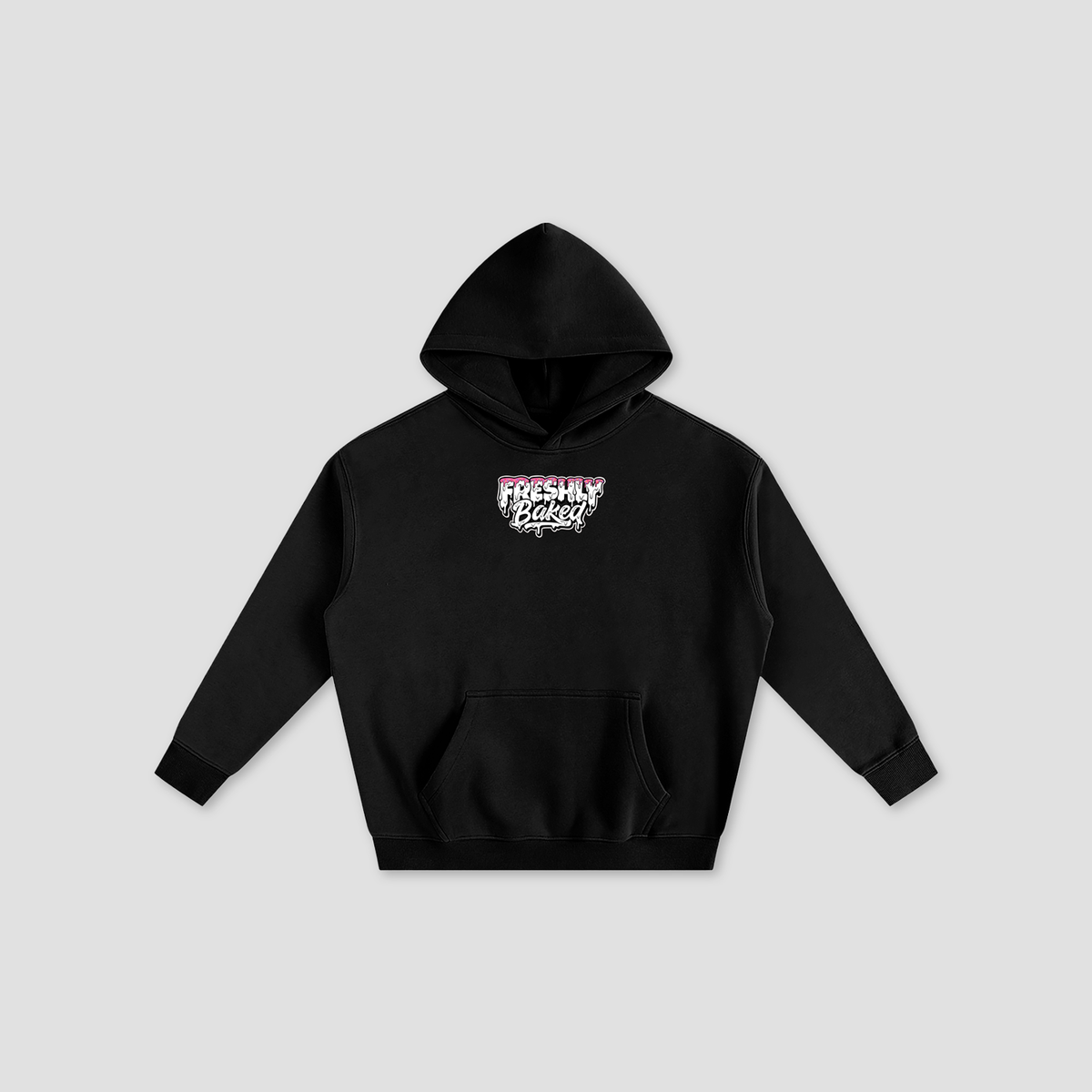 A black pullover hoodie with a front kangaroo pocket and a small chest graphic reading 'Freshly BAKED' in white, pink, and gray, shown on a light gray background.
