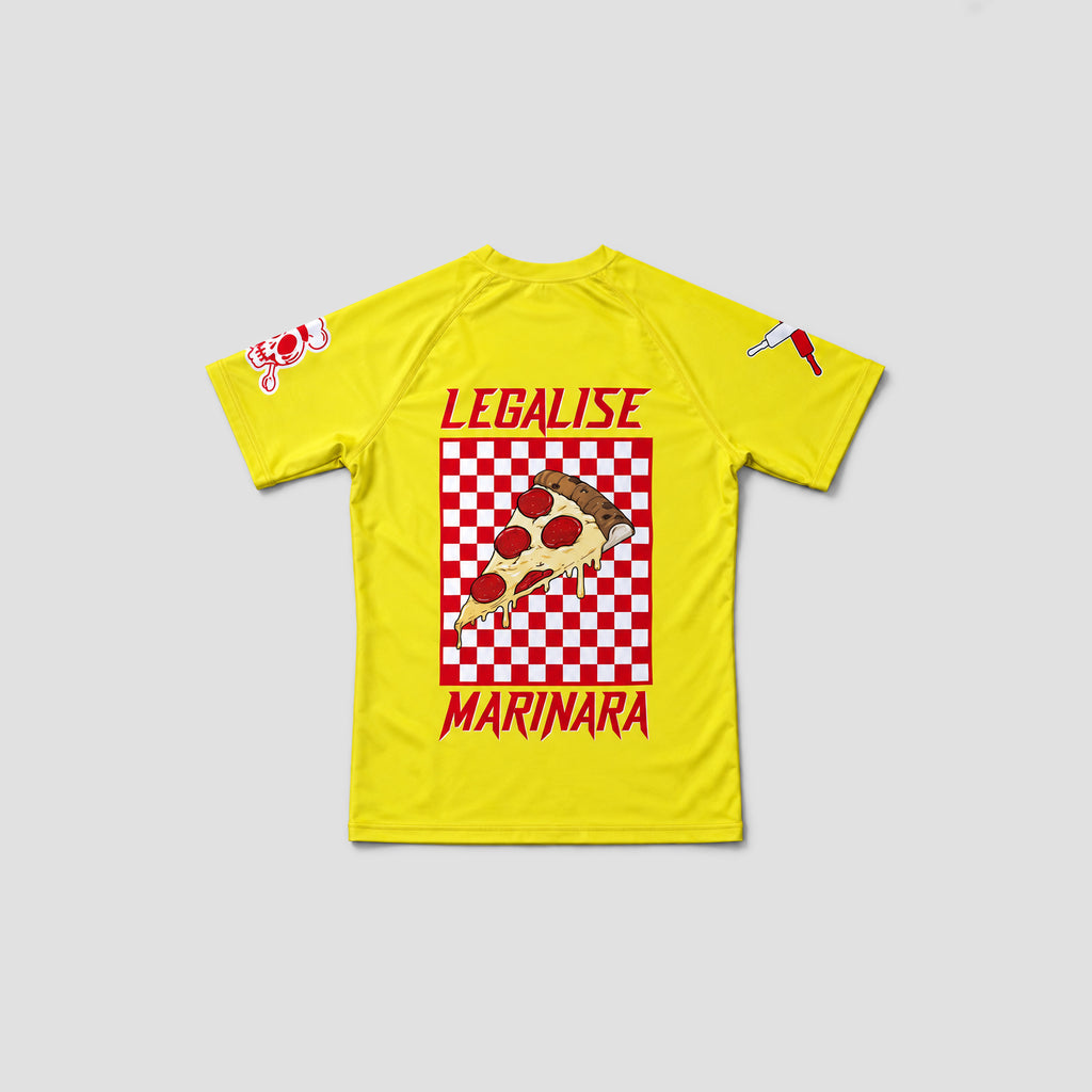 A bright yellow short-sleeve t-shirt with a red and white checkered pizza graphic on the front, featuring the text 'LEGALISE' above and 'MARINARA' below. The shirt also has small red and white graphics on both sleeves, shown flat on a light gray background.