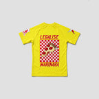 A bright yellow short-sleeve t-shirt with a red and white checkered pizza graphic on the front, featuring the text 'LEGALISE' above and 'MARINARA' below. The shirt also has small red and white graphics on both sleeves, shown flat on a light gray background.