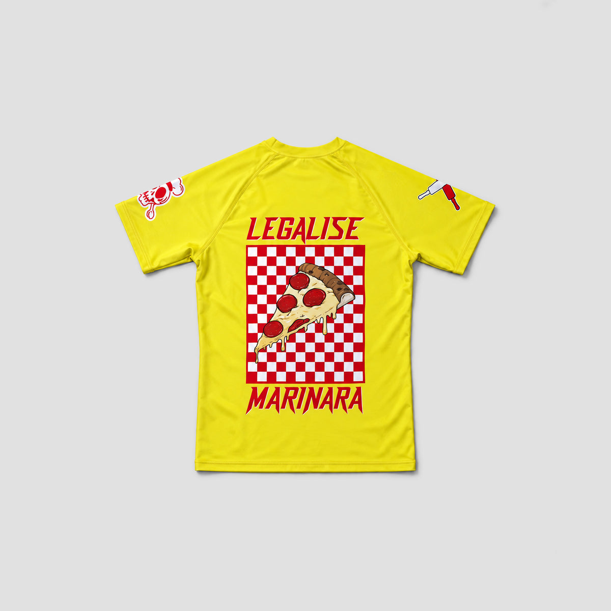 A bright yellow short-sleeve t-shirt with a red and white checkered pizza graphic on the front, featuring the text 'LEGALISE' above and 'MARINARA' below. The shirt also has small red and white graphics on both sleeves, shown flat on a light gray background.