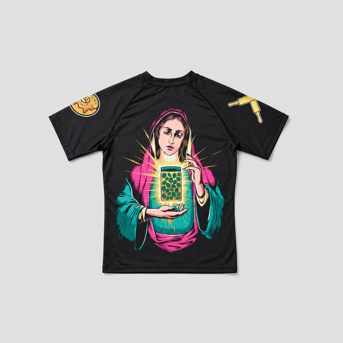 A black short-sleeve t-shirt with a colorful graphic print of a woman in a pink and teal robe holding a glowing green device, shown on a light gray background.