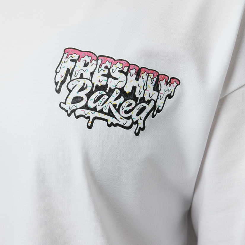 A close-up of a white sweatshirt featuring a stylized graphic on the chest that reads 'Freshly Baked' in white bubble letters with pink icing-like tops and a black outline.