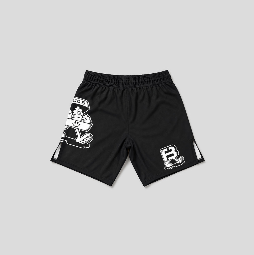 Black athletic shorts with white graphic prints, featuring a large cartoon character on the left leg and a stylized 'FB' logo on the right leg, displayed on a neutral gray background.