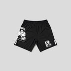 Black athletic shorts with white graphic prints, featuring a large cartoon character on the left leg and a stylized 'FB' logo on the right leg, displayed on a neutral gray background.