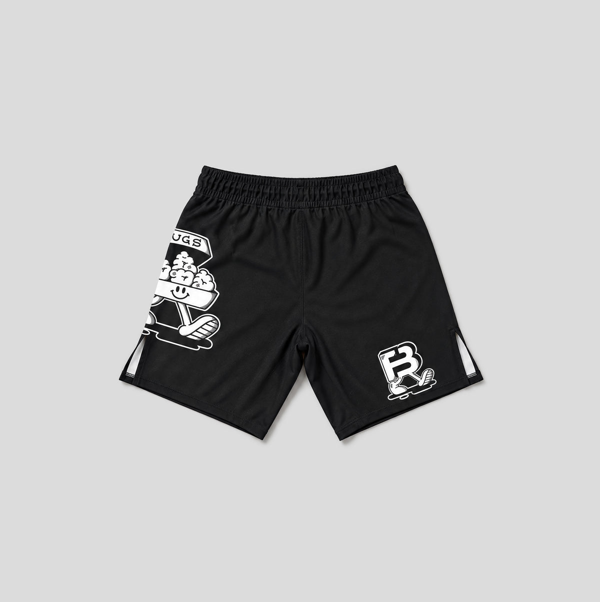 Black athletic shorts with white graphic prints, featuring a large cartoon character on the left leg and a stylized 'FB' logo on the right leg, displayed on a neutral gray background.