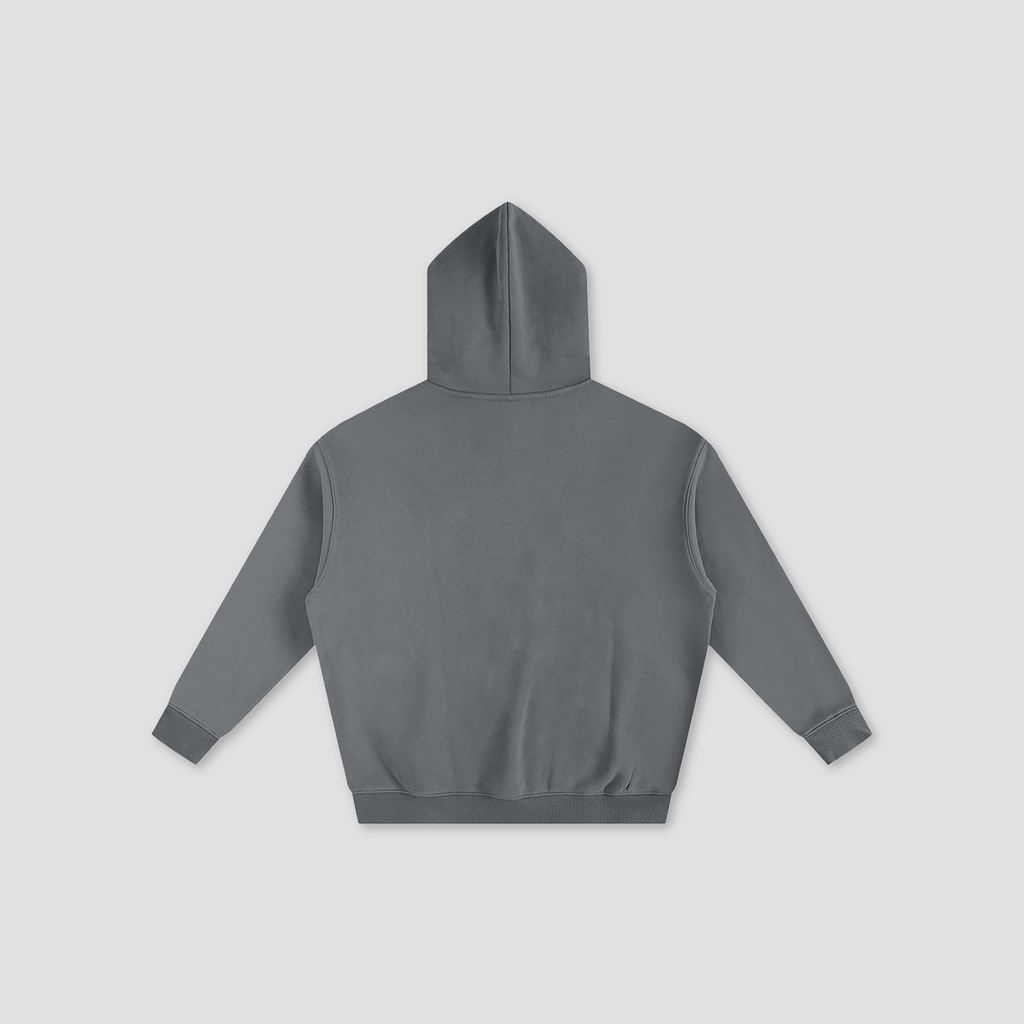 A dark gray cropped hoodie shown from the back, featuring a hood and long sleeves, displayed on a light gray background.