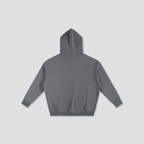 A dark gray cropped hoodie shown from the back, featuring a hood and long sleeves, displayed on a light gray background.