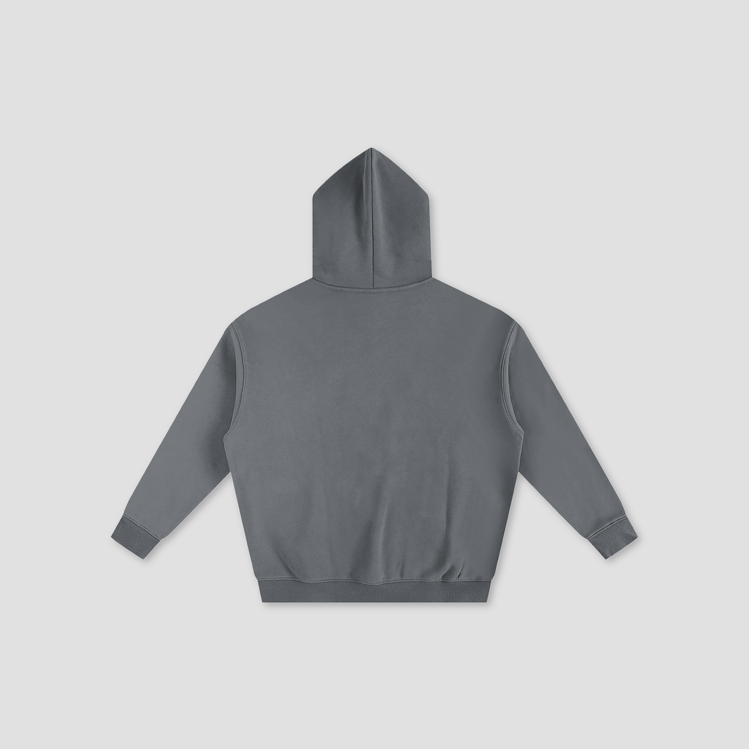 A dark gray cropped hoodie shown from the back, featuring a hood and long sleeves, displayed on a light gray background.