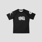 A black short-sleeve athletic t-shirt with a white graphic print on the front reading 'FRESHLY BAKED' and additional white graphics on both sleeves, displayed flat against a light gray background.