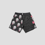 Black athletic shorts with an all-over white and red skull pattern, featuring a red 'B' logo on the side, laid flat on a light gray background.