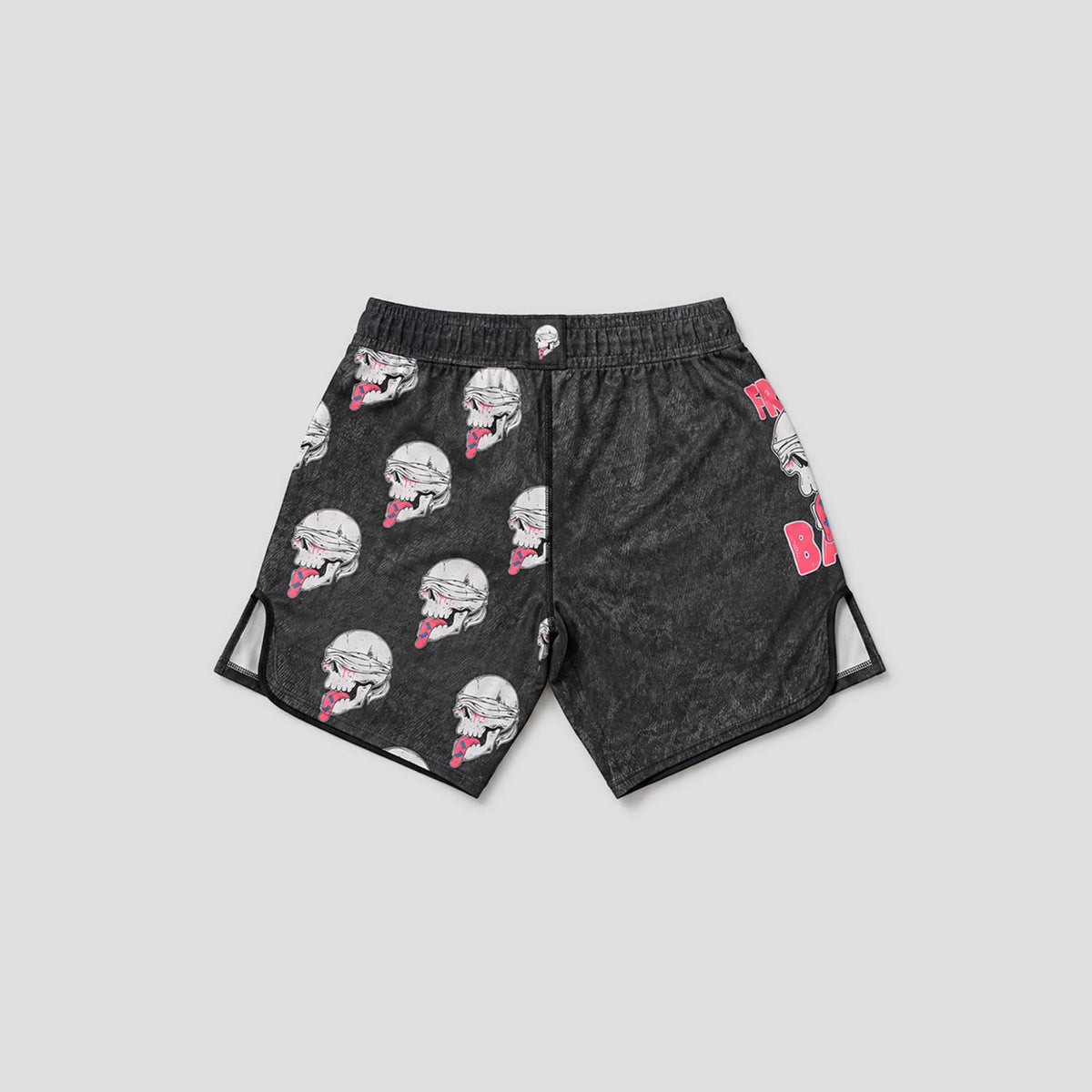 Black athletic shorts with an all-over white and red skull pattern, featuring a red 'B' logo on the side, laid flat on a light gray background.