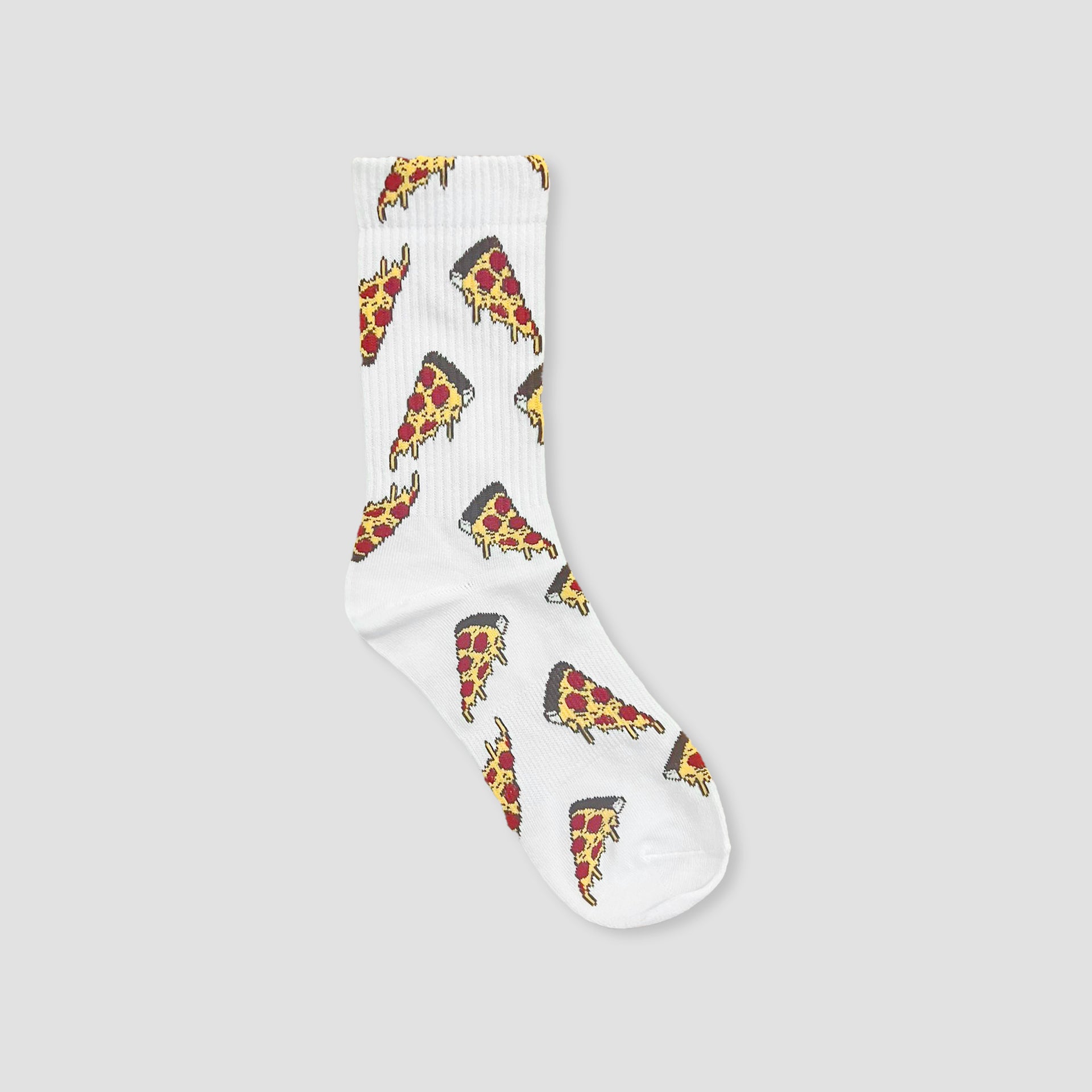 A single white crew sock with an all-over repeating pattern of illustrated pizza slices, shown on a light gray background.