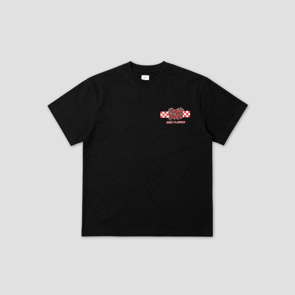 A black short-sleeve crewneck t-shirt with a small red and white graphic on the left chest, displayed flat against a light gray background.