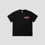 A black short-sleeve crewneck t-shirt with a small red and white graphic on the left chest, displayed flat against a light gray background.