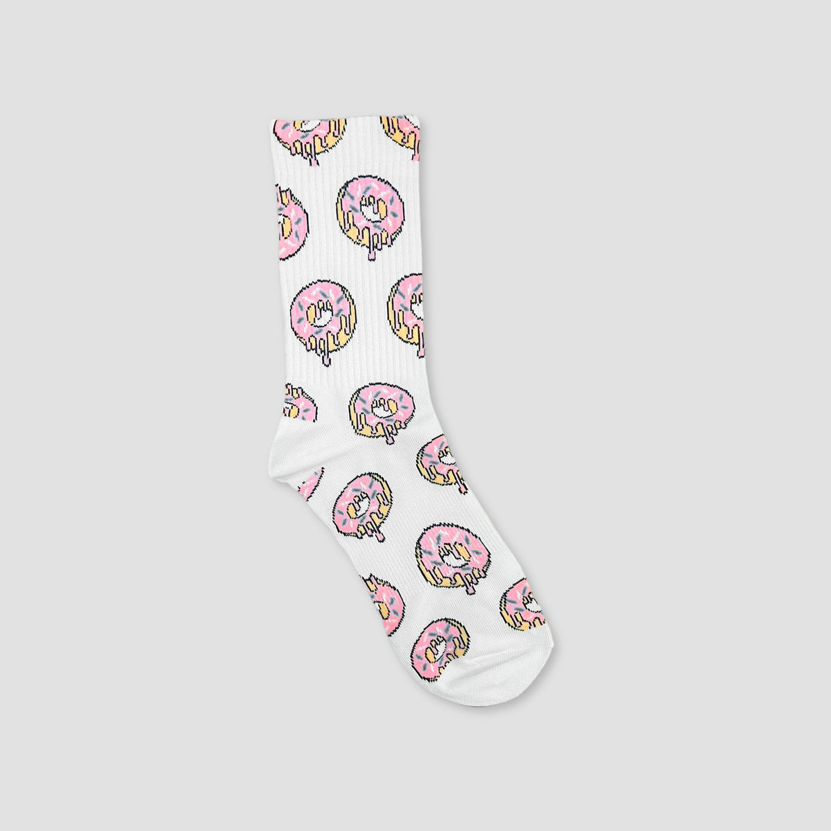A single white crew sock with an all-over print of pink frosted donuts, shown against a solid light gray background.
