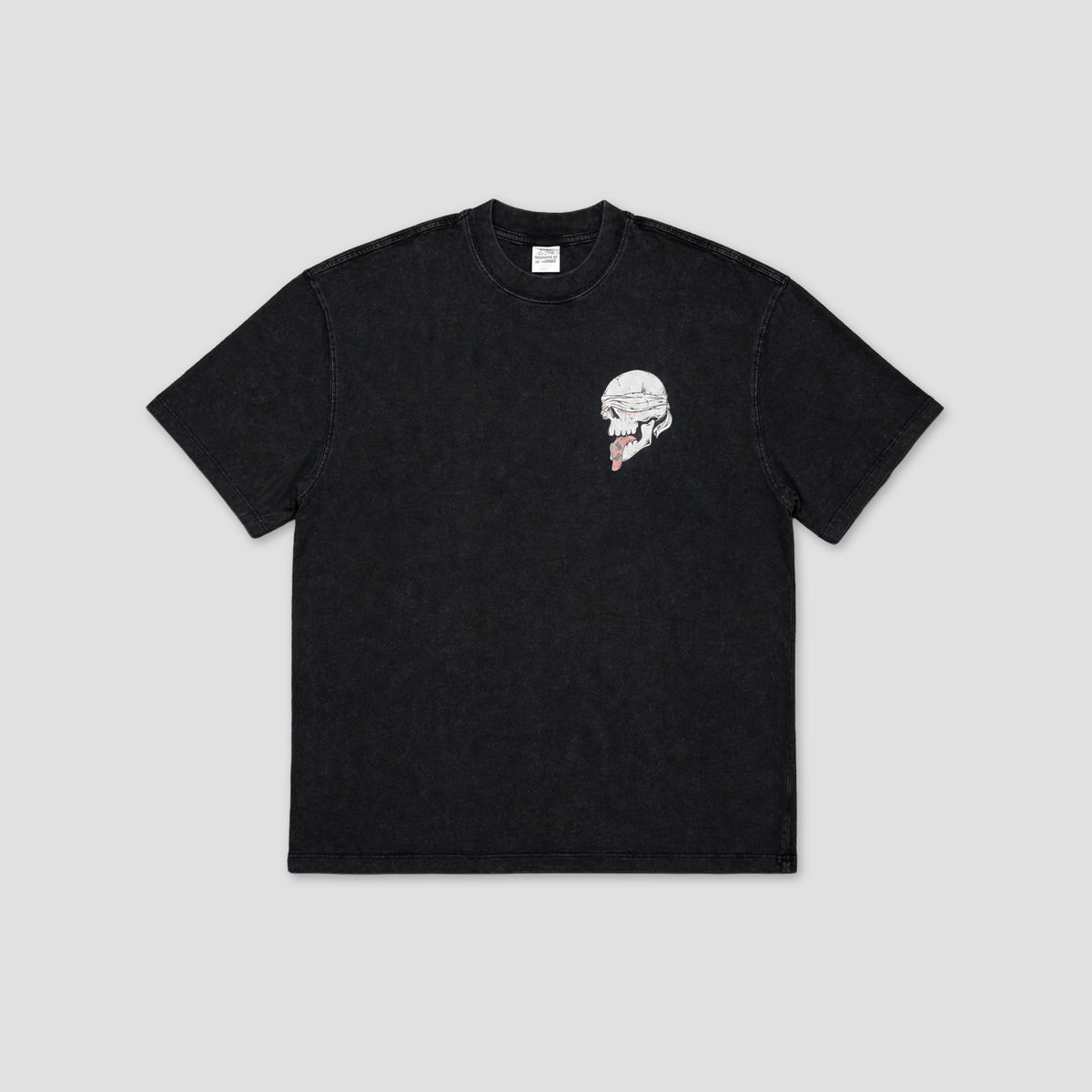 Black t-shirt with a small graphic on the chest against a white background