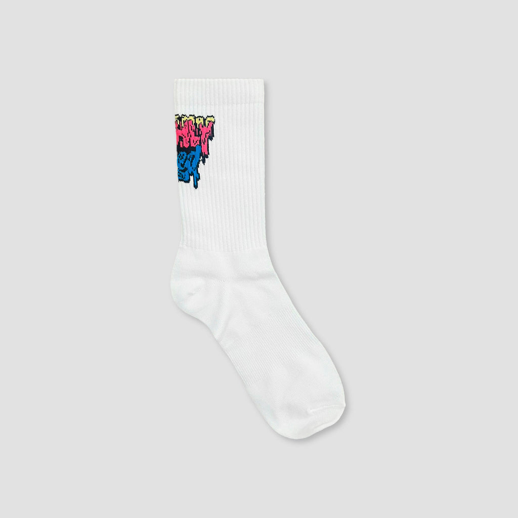 A single white crew sock with a colorful graffiti-style graphic near the cuff, displayed against a solid light gray background.
