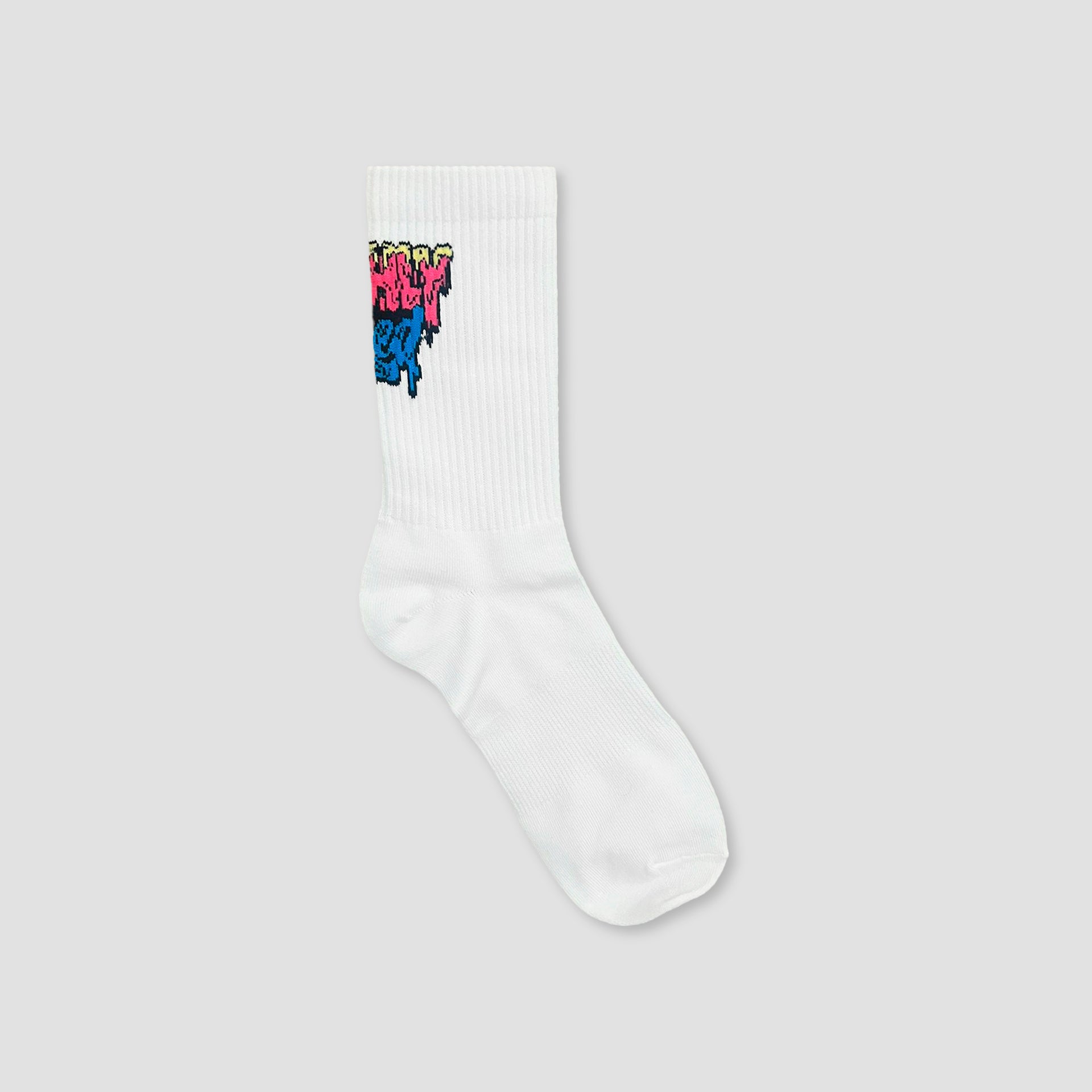 A single white crew sock with a colorful graffiti-style graphic near the cuff, displayed against a solid light gray background.