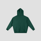 A dark green cropped hoodie shown from the back, laid flat against a light gray background.