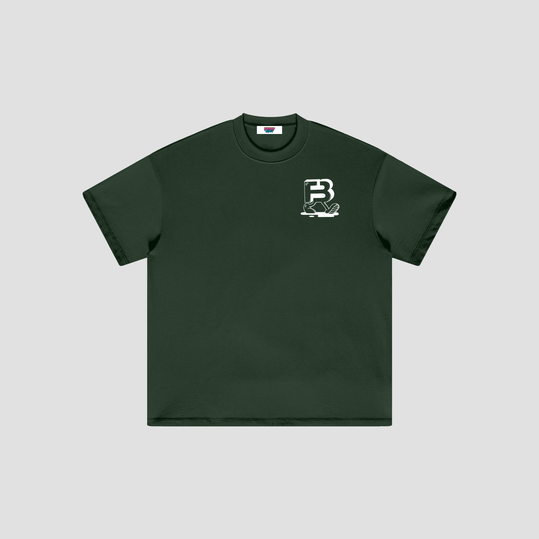 A dark forest green short-sleeve t-shirt with a small white graphic logo on the left chest, displayed flat against a light gray background.