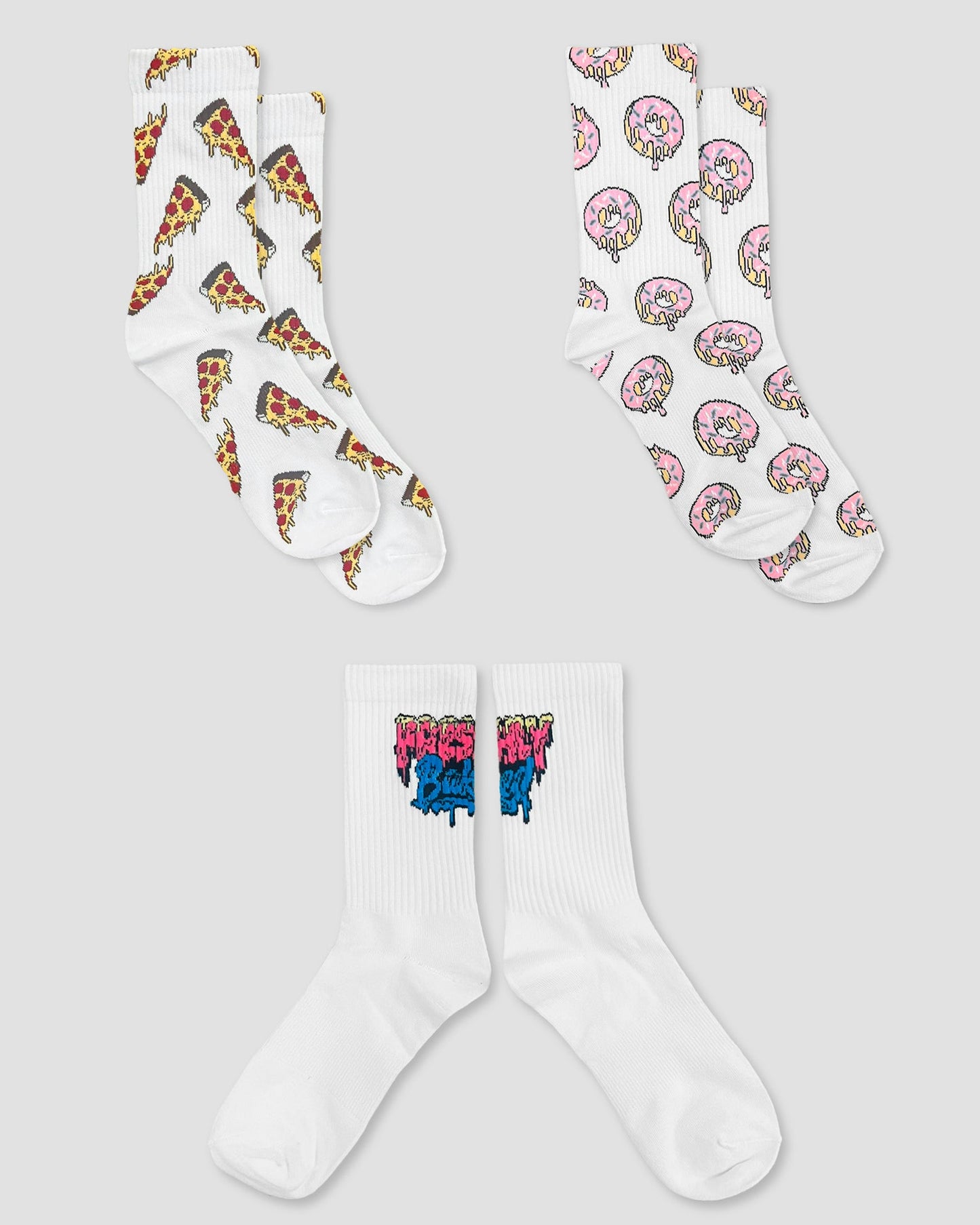 3 Pair Multi Pack Crew Socks - Doughnuts, Pizza, Logo - Freshly Baked Fightwear