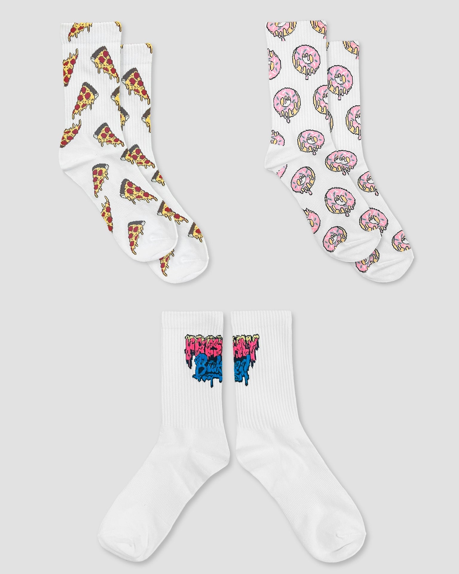 3 Pair Multi Pack Crew Socks - Doughnuts, Pizza, Logo - Freshly Baked Fightwear