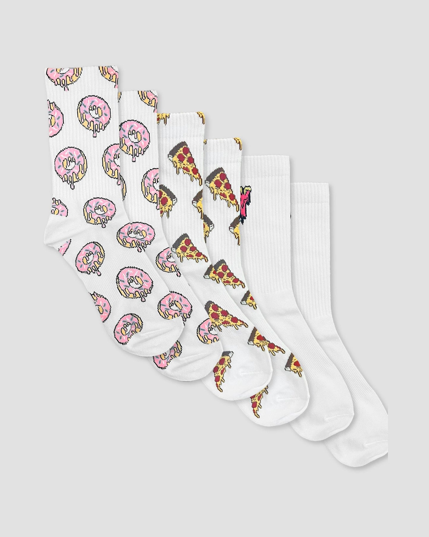 3 Pair Multi Pack Crew Socks - Doughnuts, Pizza, Logo - Freshly Baked Fightwear