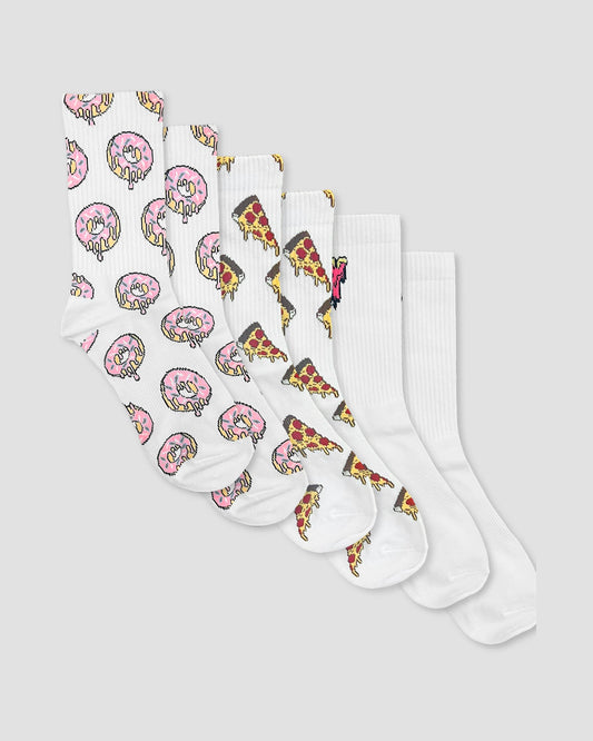 3 Pair Multi Pack Crew Socks - Doughnuts, Pizza, Logo - Freshly Baked Fightwear