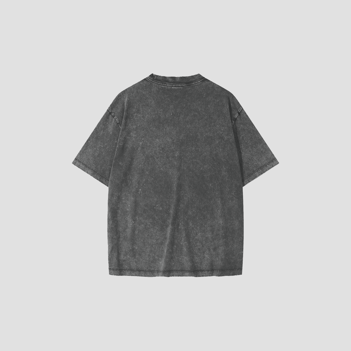 A dark gray mineral-wash short-sleeve t-shirt shown from the back, centered on a light gray background.