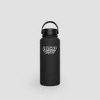 A matte black insulated water bottle with a carrying loop lid and a white 'Freshly Baked' logo on the front, set against a light gray background.