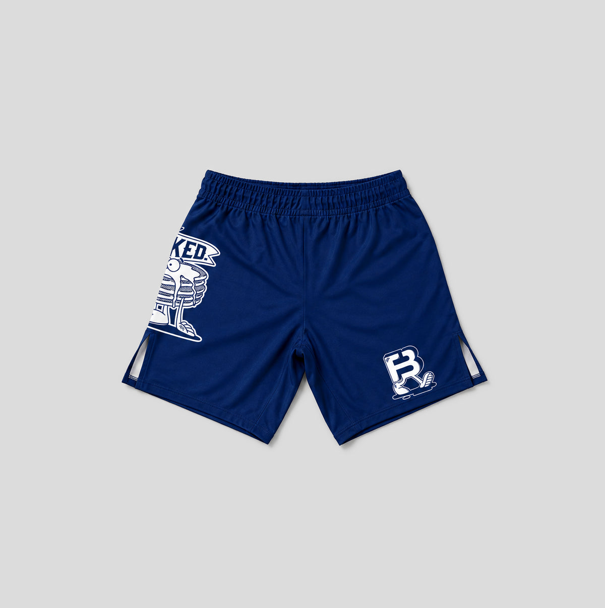 Royal blue athletic shorts with white printed graphics, featuring a skeleton mascot on the right leg and a stylized 'FB' logo on the left leg, displayed on a neutral gray background.