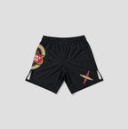 Black athletic shorts featuring a circular LOGO