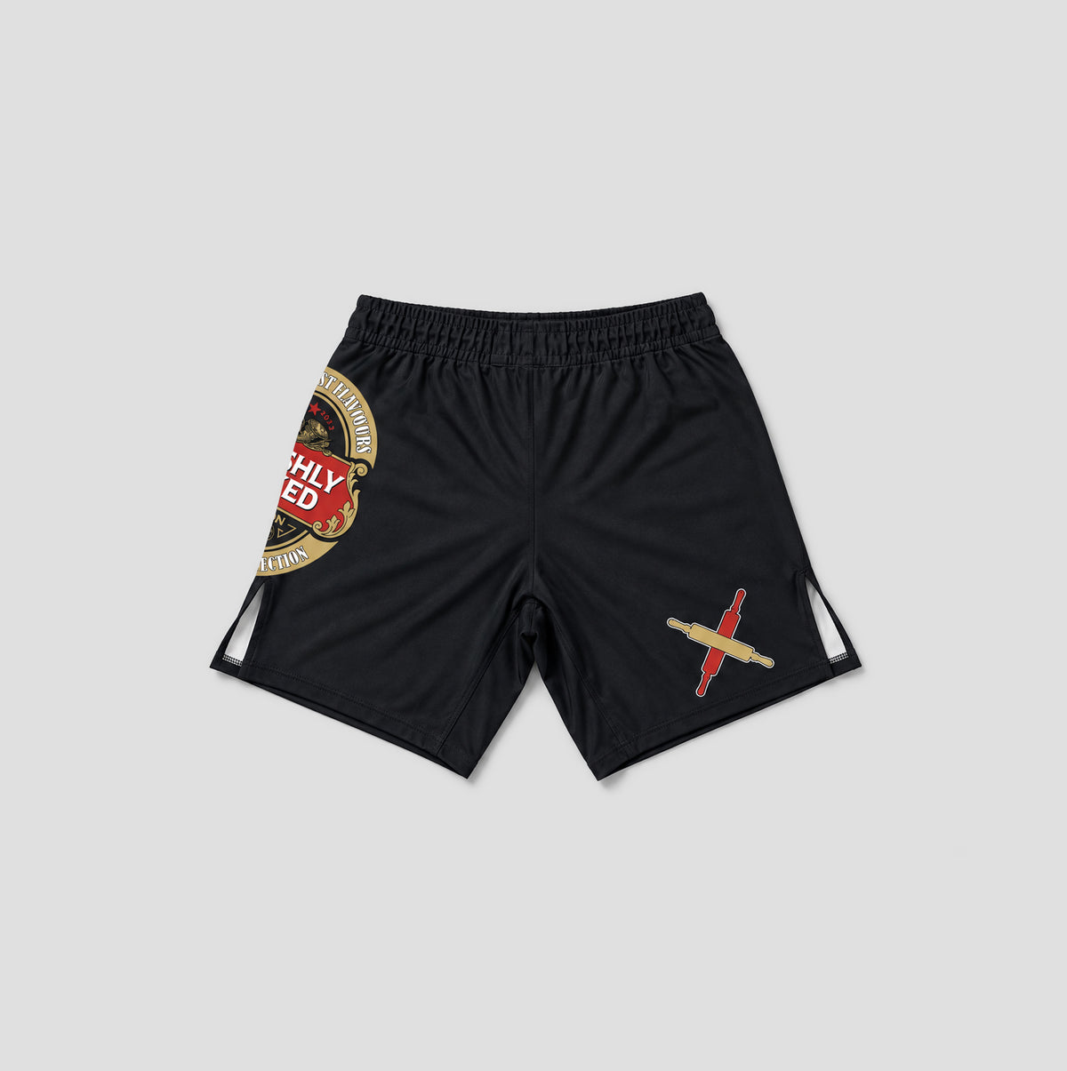 Black athletic shorts featuring a circular LOGO