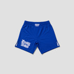Royal blue athletic shorts with white 'Freshly Baked' text graphics on the left leg and a white logo on the waistband, shown against a light gray background.