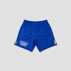 Royal blue athletic shorts with an elastic waistband, featuring a white graphic print on the lower left leg and white side accents, displayed on a light gray background.