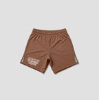 A pair of brown athletic shorts with an elastic waistband, featuring a white graphic print on the lower left leg and small side cutouts, displayed on a light gray background.