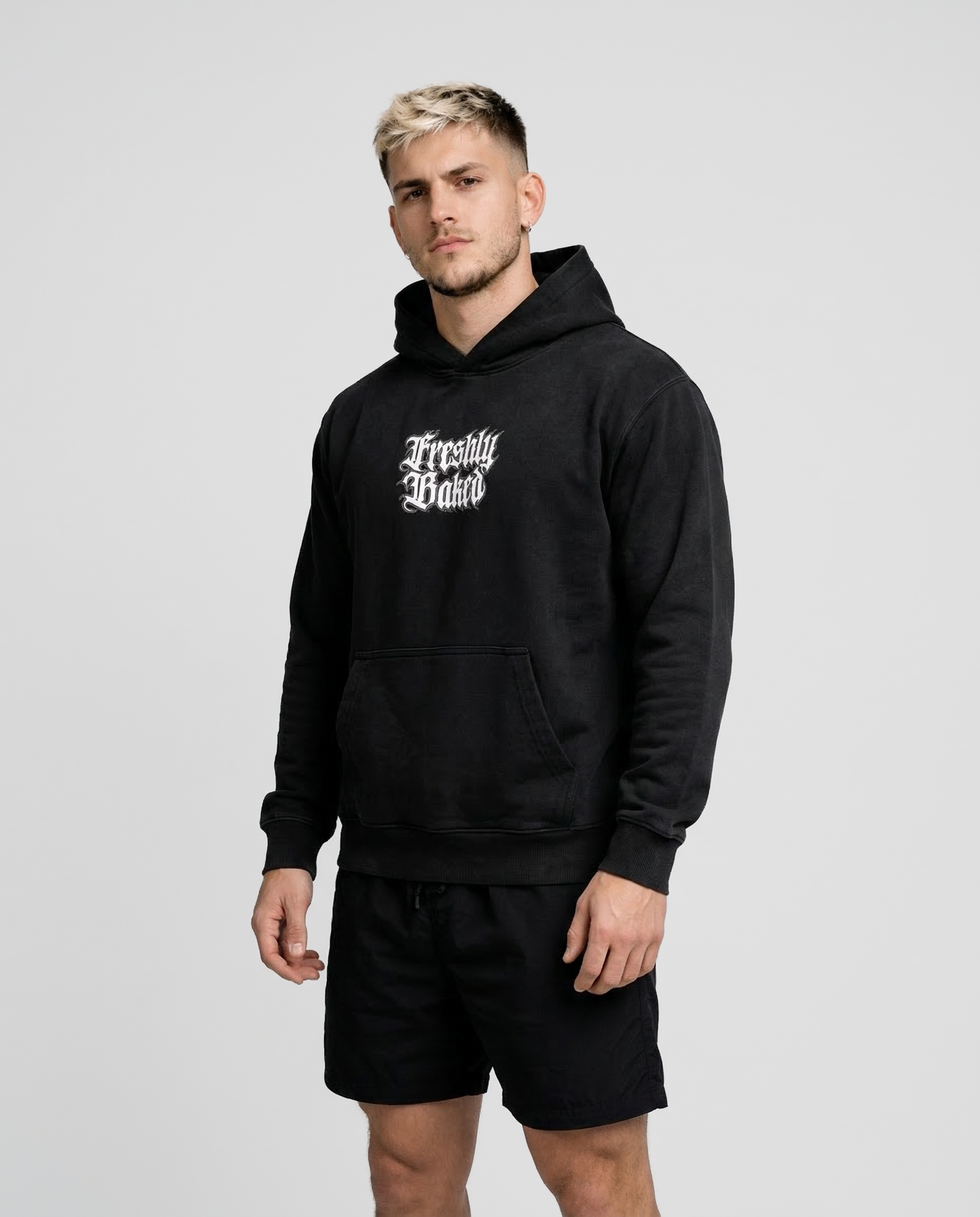 Oversized Gothic Logo Vintage Wash Heavy Hoodie - Black