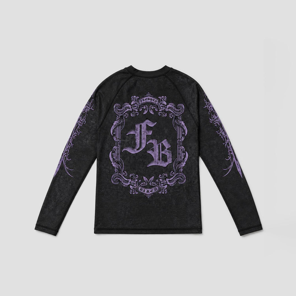 A black long-sleeve raglan shirt with a large purple gothic-style 'FB' monogram and ornate frame graphic on the back, plus matching purple sleeve prints, shown on a light gray background.