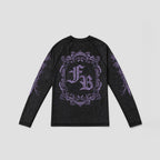 A black long-sleeve raglan shirt with a large purple gothic-style 'FB' monogram and ornate frame graphic on the back, plus matching purple sleeve prints, shown on a light gray background.