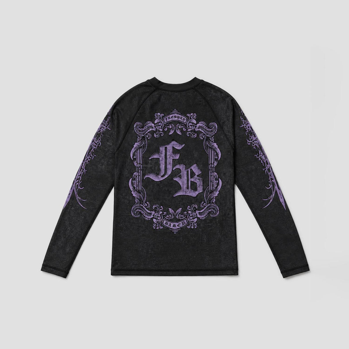 A black long-sleeve raglan shirt with a large purple gothic-style 'FB' monogram and ornate frame graphic on the back, plus matching purple sleeve prints, shown on a light gray background.